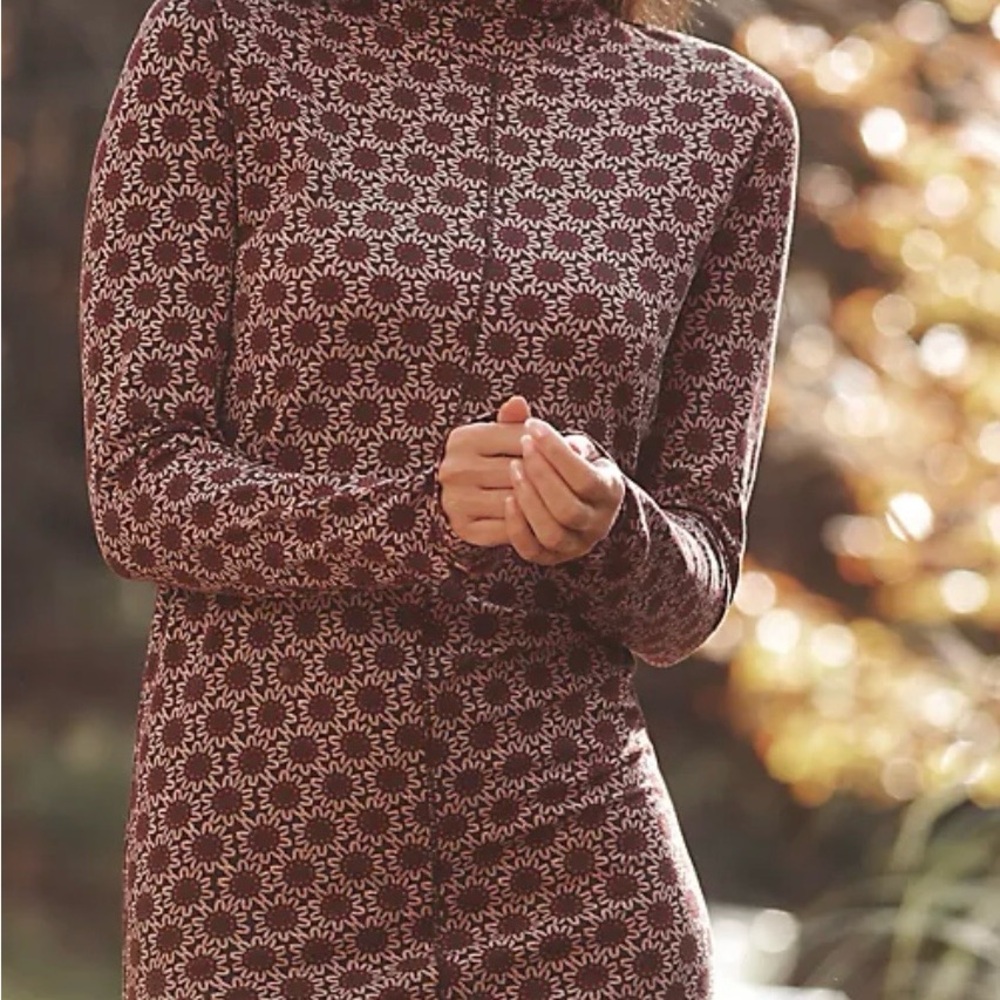 NATION, Astrid Brown and White Patterned Long Sleeve Fitted Dress